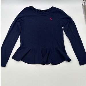 Polo Ralph Lauren Girls Navy Blue Peplum Long Sleeve Top Pink Pony XL 16
